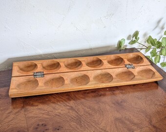 Vintage Hand Carved Wooden Folding Mancala Board with Elephant Design