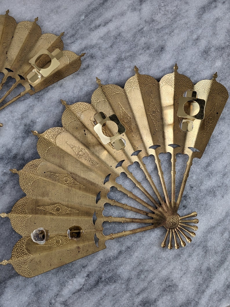 Set of 2 Vintage Brass Wall Hanging Oriental Fans Etsy