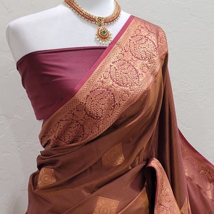 Soft Silk Saree in Brown and Red | Contrast Sari in Brown | Brown Sari with Copper Border | Sari with Border | Navaratri Saree