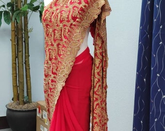 Embroidered Georgette with Korean diamond and pearls | Embroidery Saree | Red Saree with stone work | Bridal Red Saree | Red Georgette Saree