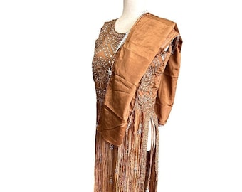 Traje Salwar de georgette color cobre: ropa de fiesta grande con bordado de espejo