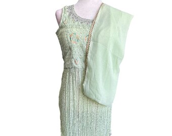 Traje salwar de georgette verde claro grande: ropa de fiesta con bordado de espejo