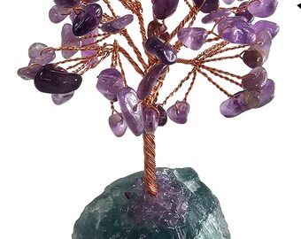 Árbol de amatista sobre base de fluorita: Decoración de cristal hecha a mano