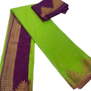 Parrot Green Saree with Temple Border and Dark Purple Pallu and Blouse