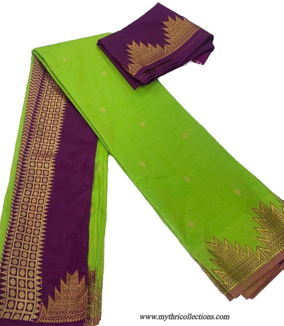 Soft Silk Saree: Parrot Green with Purple Blouse & Temple Border