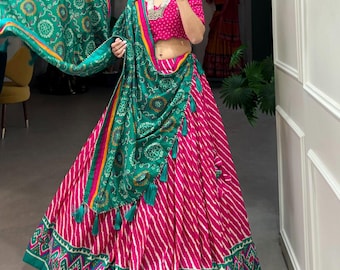 Algodón vibrante Lehriya Lehenga con Bandhini Dupatta para Navaratri