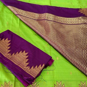Parrot Green Saree with Temple Border and Dark Purple Pallu and Blouse