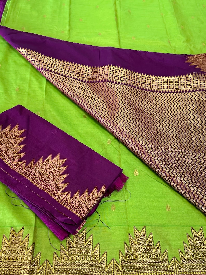 Parrot Green Saree with Temple Border and Dark Purple Pallu and Blouse