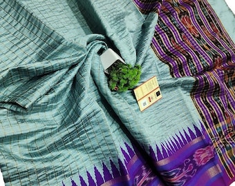 Sari de pura seda cruda con cuadros en el cuerpo y borde Ikkat