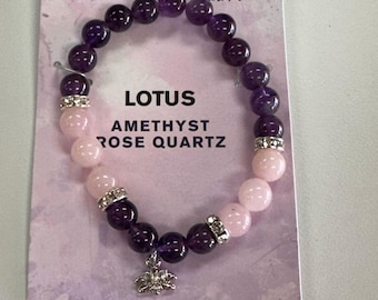Pulsera de amatista y cuarzo rosa: amuleto de loto, joyería de cristal curativo