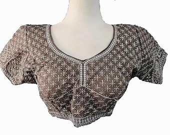 Blusa india marrón majestuosa: blusa sari confeccionada, talla 40