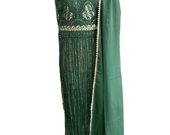 Traje salwar de georgette verde mar profundo: atuendo de fiesta bordado (talla grande)