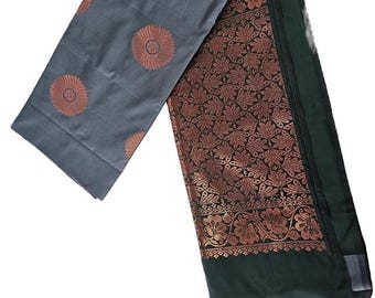 Exquisito sari de seda suave gris y verde sin bordes