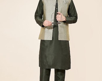 Kurta de jacquard de seda artística para hombre con chaqueta bordada