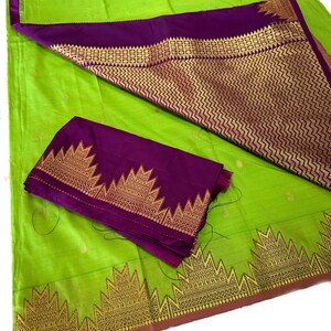 Parrot Green Saree with Temple Border and Dark Purple Pallu and Blouse