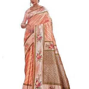 Fancy Silk Saree with Silver and Gold Cross Prints and Floral Patterns | Fancy Party-Wear Saree | Unique Cross Print Saree | Bollywood Saree