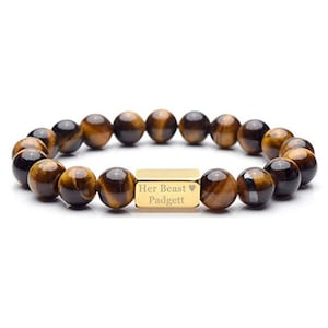 Personalized Tiger&#39;s Eye Bead Bracelet: Engraved Name ID, Initial Symbol Gift