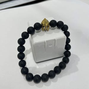 Genuine black agate onyx golden roman warrior helmet energy 8mm beads bracelet fits all men women stretchable