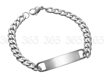 May include: A silver-toned metal curb chain bracelet featuring a smooth, rectangular identification plate at the centre. The bracelet is secured with a lobster claw clasp and includes a series of repeating 365 text overlays in the background.