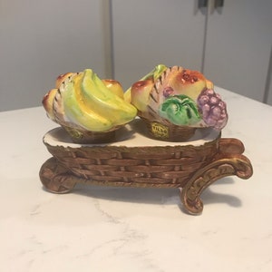 Vintage Hand Painted Fruit Cart/Wheel Barrel With Baskets of Fruit Salt & Pepper Shakers, Tilso, Antique