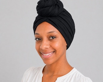 Black Jersey Stretch Headwrap | Soft Breathable Fabric, Protective Hair Design | Full Coverage Chemo-Friendly