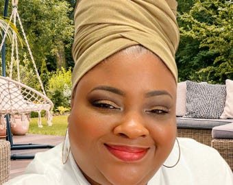 Olive Turban | Stretch Headwrap Tube Sleeve | Chemo Cap, Full Coverage Head Scarf