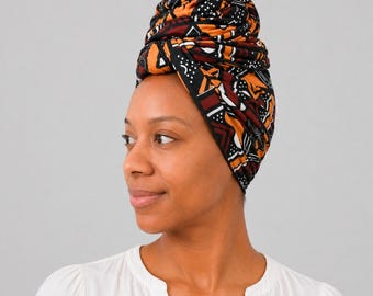 Brown Patterned Stretch Headwrap | Soft Breathable Fabric, Protective Style Full Coverage, One-sided Design