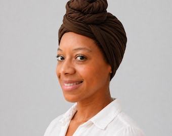 Brown Jersey Stretch Headwrap | Soft Breathable Fabric, Protective Hair Design | Full Coverage Chemo-Friendly