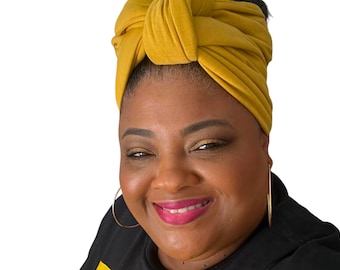 Mustard Yellow Jersey Stretch Headwrap | Soft Breathable Fabric, Protective Hair Design | Full Coverage | Chemo-Friendly