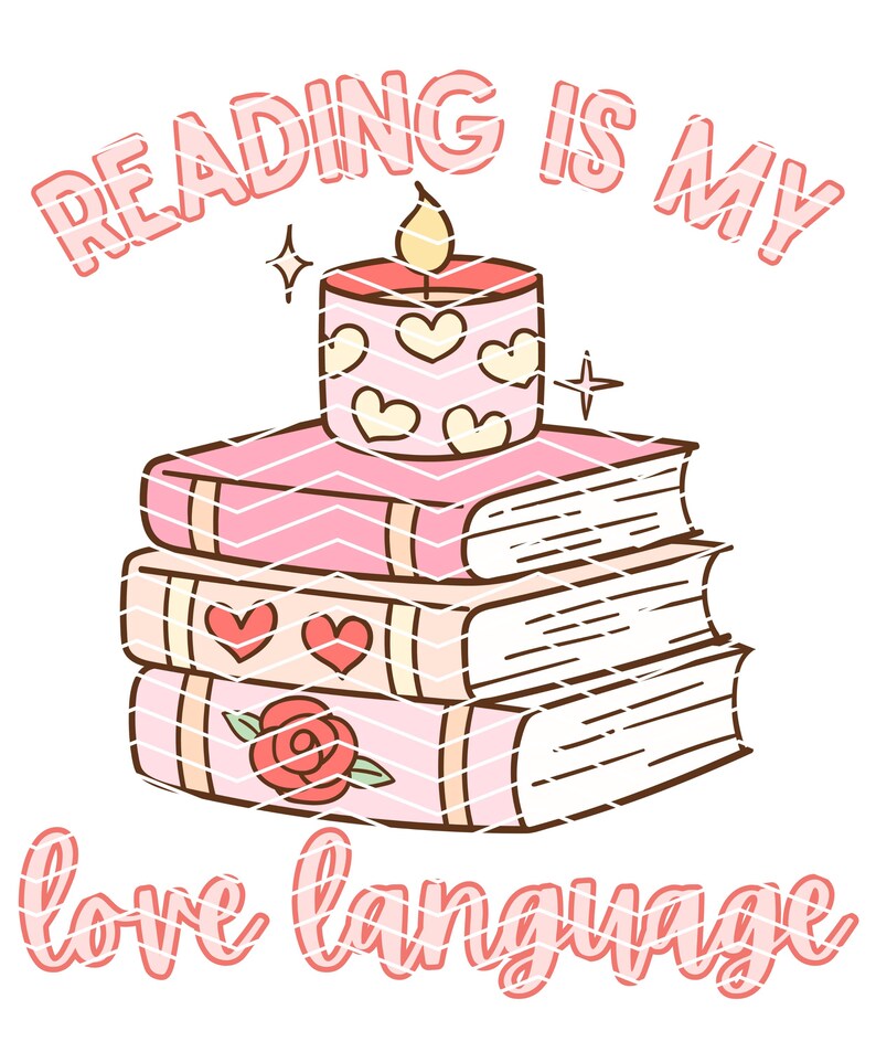 Op de afbeelding: Een stapel roze boeken met een roze kaars erop. De kaars heeft een vlam en hartjes. De tekst "Reading is my love language" is geschreven in roze letters.