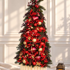 May include: A tabletop Christmas tree decorated with red and gold ornaments, pinecones, and red berries. The tree is topped with a shiny red finial and sits in a white pleated base. Several red ornaments and a small metal lantern are nearby.