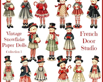 May include: A collection of vintage paper dolls featuring snowmen in various outfits. The snowmen wear top hats, dresses, and striped stockings. The text on the image reads "Vintage Snowflake Paper Dolls Collection 1" and "French Door Studio."