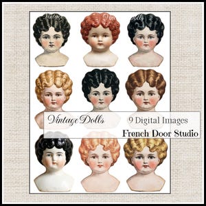 Puede incluir: Nueve imágenes digitales de caras de muñecas vintage con varios colores de cabello, incluyendo negro, rojo y rubio. También se ve el texto "Vintage Dolls" y "French Door Studio".