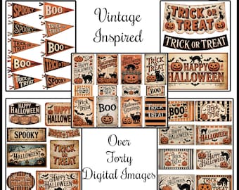 May include: A collection of vintage-inspired Halloween digital images. The images include pennants, signs, and banners with phrases like "Spooky," "Boo," and "Trick or Treat," along with pumpkins and black cats. The text "Halloween Greetings" and "French Door Studio" are also visible.