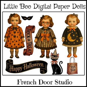 May include: Digital paper dolls with vintage Halloween themes. The image features three dolls in dresses, a black cat, a banner that says "Happy Halloween", and a "Trick or Treat" bag. The dolls are wearing dresses with polka dots, stripes, and a moon and stars design.