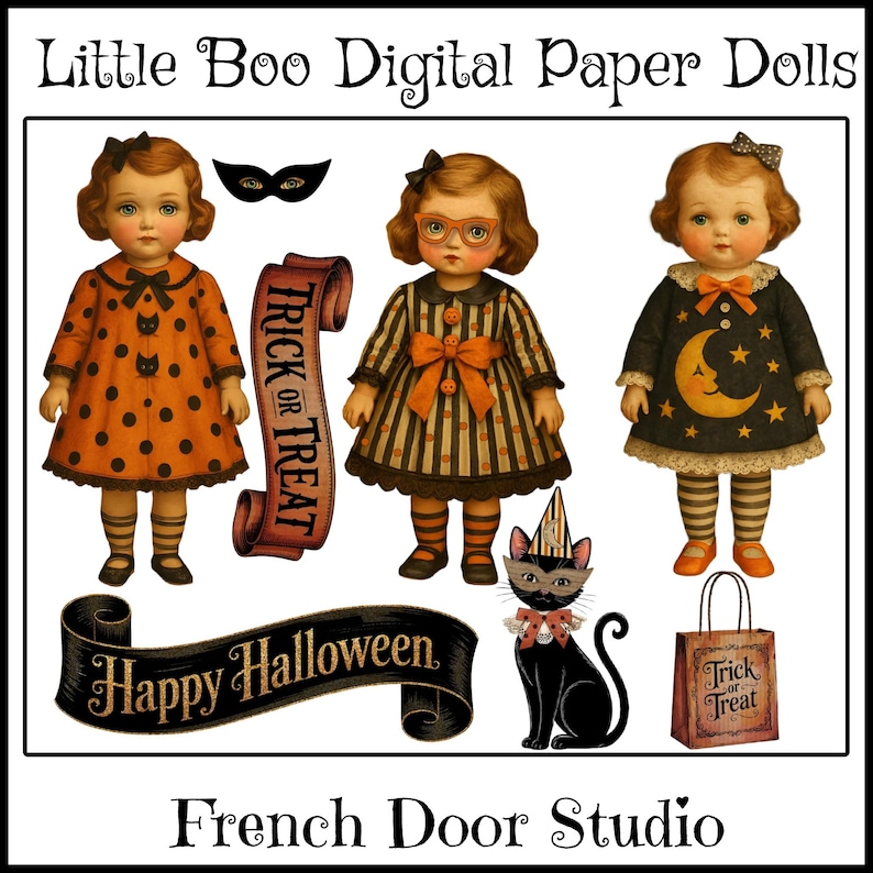 May include: Digital paper dolls with vintage Halloween themes. The image features three dolls in dresses, a black cat, a banner that says "Happy Halloween", and a "Trick or Treat" bag. The dolls are wearing dresses with polka dots, stripes, and a moon and stars design.