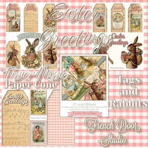 May include: A collection of printable Easter tags and rabbit illustrations. The tags feature a variety of designs, including floral patterns, musical notes, and bunnies. The illustrations include a bunny holding an Easter egg and a bunny with a basket of flowers. The text "Tussie-Mussie Paper Cone" and "Easter Greetings!" is included in the image.