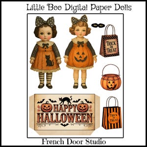 May include: Digital paper dolls and Halloween-themed accessories. Two dolls in orange dresses, one with a black cat, the other with a pumpkin. Includes trick-or-treat bags, a pumpkin bucket, and a sign that says "Happy Halloween".