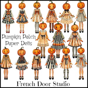 Könnte beinhalten: Illustration von Papierpuppen mit Kürbisköpfen, die Kleider mit Mustern wie Streifen, Punkten und Karos tragen. Der Text "Pumpkin Patch Paper Dolls" und "Happy Halloween" ist sichtbar.