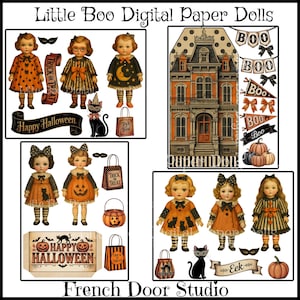 May include: A digital collage featuring vintage-style Halloween paper dolls, a haunted house, and decorative elements. The dolls wear orange and black dresses, and carry trick-or-treat bags. The collage includes the text "Happy Halloween" and "Trick or Treat".