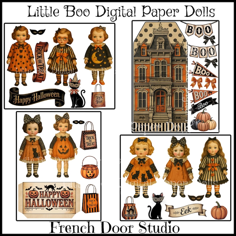 May include: A digital collage featuring vintage-style Halloween paper dolls, a haunted house, and decorative elements. The dolls wear orange and black dresses, and carry trick-or-treat bags. The collage includes the text "Happy Halloween" and "Trick or Treat".