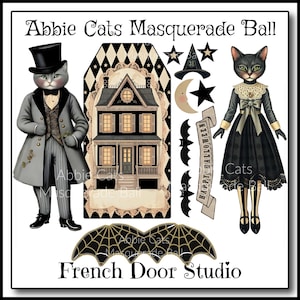 May include: A digital illustration featuring a masquerade ball theme with cat characters. The image includes a cat in a top hat and coat, a black cat in a dress, a haunted house, bats, stars, and the text "Happy Halloween".