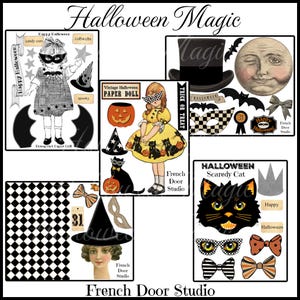 May include: A collage of vintage Halloween-themed illustrations. Includes paper dolls, a black cat, a winking moon, bats, witch hats, and bow ties. Text includes "Halloween Magic", "Happy Halloween", and "Trick or Treat".