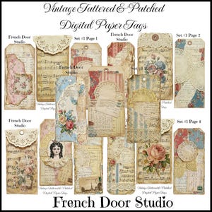 Könnte beinhalten: Eine Sammlung digitaler Papiertags im Vintage-Stil. Die Tags weisen eine Vielzahl von Designs auf, darunter Blumenmuster, Noten und Spitzendetails. Der Text "Vintage Tattered & Patched Digital Paper Tags" und "French Door Studio" ist sichtbar.