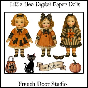 May include: Digital paper dolls with a Halloween theme. The image features three vintage-style dolls in orange and black dresses, a black cat, a pumpkin, and a trick-or-treat bag. The text "Little Boo Digital Paper Dolls" and "Eek" are visible.