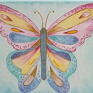 Butterfly on canvas, pastel butterfly, positive message in painting, original artwork, small butterfly painting, gift idea, acrylic wall art