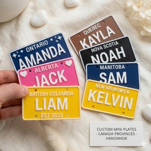 May include: A collection of rectangular mini license plates featuring various Canadian provinces and names. The plates are in blue, pink, yellow, brown, and black, with white embossed text including Ontario, Alberta, British Columbia, Quebec, Nova Scotia, Manitoba, and New Brunswick.