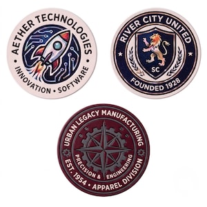 May include: Three circular coasters featuring distinct logos. The first shows a rocket with AETHER TECHNOLOGIES INNOVATION SOFTWARE text. The second displays a lion crest with RIVER CITY UNITED FOUNDED 1928 text. The third features a compass gear with URBAN LEGACY MANUFACTURING PRECISION & ENGINEERING EST. 1954 APPAREL DIVISION text.