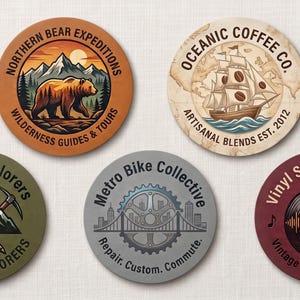 Peut inclure: Cinq sous-verres circulaires présentant des designs graphiques distincts : un ours dans les montagnes marqué Northern Bear Expeditions, un navire marqué Oceanic Coffee Co., des piolets croisés marqués Summit Explorers, un engrenage de vélo et un pont marqués Metro Bike Collective, et un microphone sur un disque vinyle marqué Vinyl Stage Apparel.
