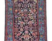 PLUSH Vintage Rug with AMAZING Blues Greens in All-Over Lattice Design 4 x 6.8